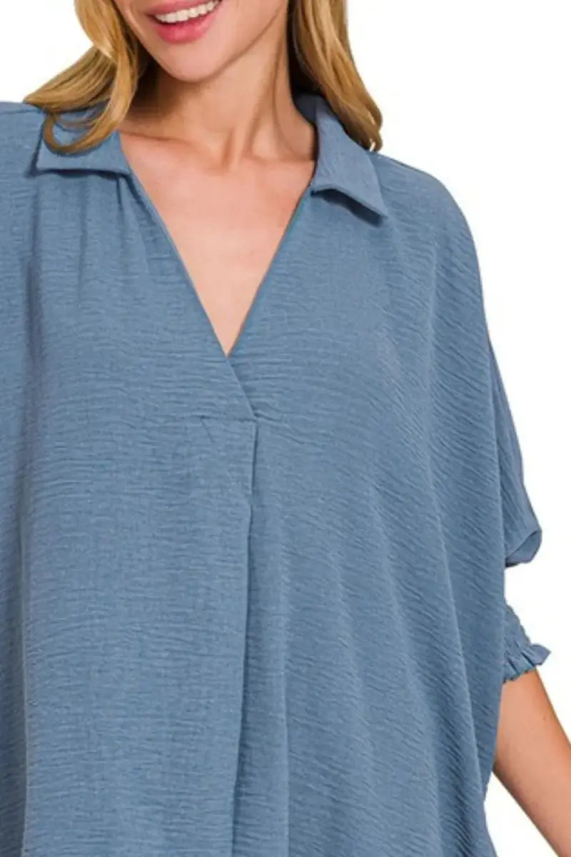 Zenana Airflow Collar Tee with Smocked Sleeve Band Top - Love Salve